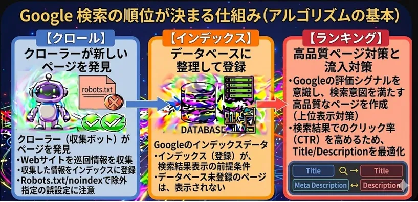 クロール・インデックス・ランキングの3ステップ概念図